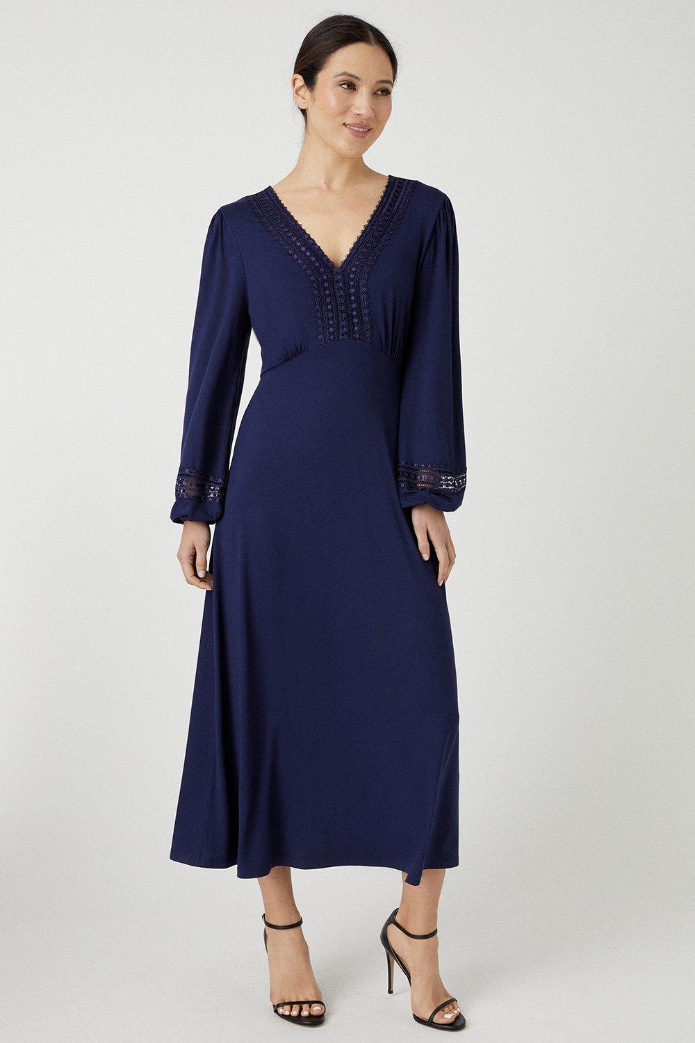 Dresses | Tall Navy Lace Detail Jersey Midi Dress | Wallis