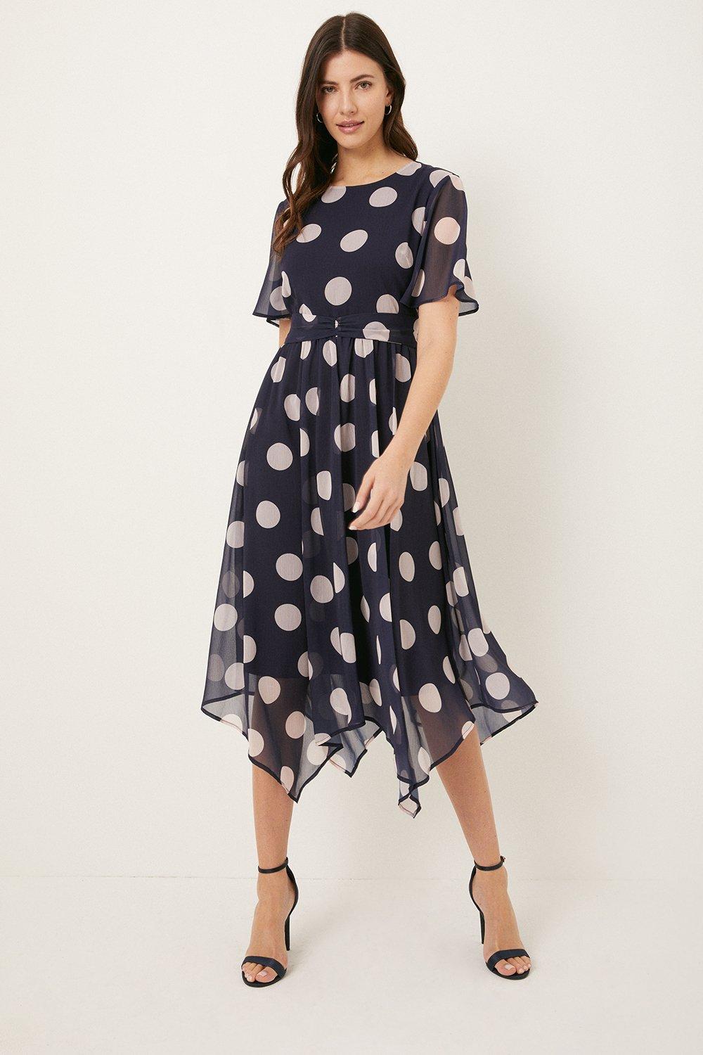 Dresses | Navy Spot Chiffon Twist Front Midi Dress | Wallis