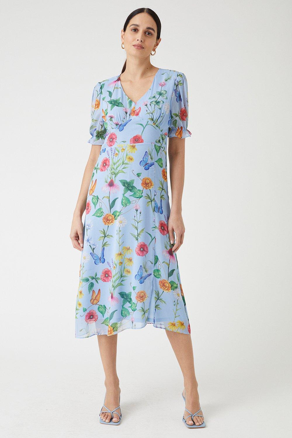 Dresses | Blue Floral Print Tea Dress | Wallis