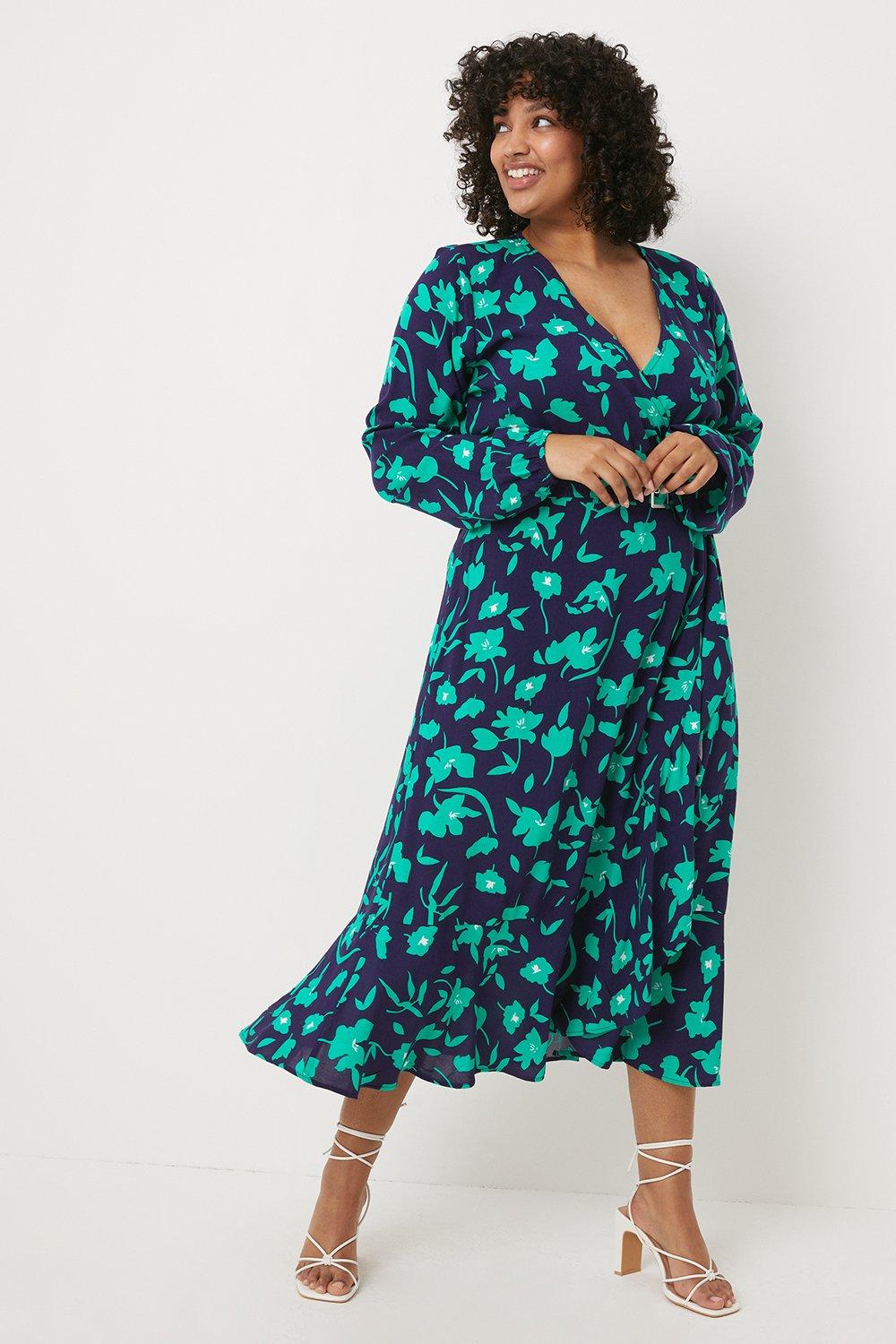 Dresses | Curve Green Stencil Floral Belted Midi Wrap Dress | Wallis