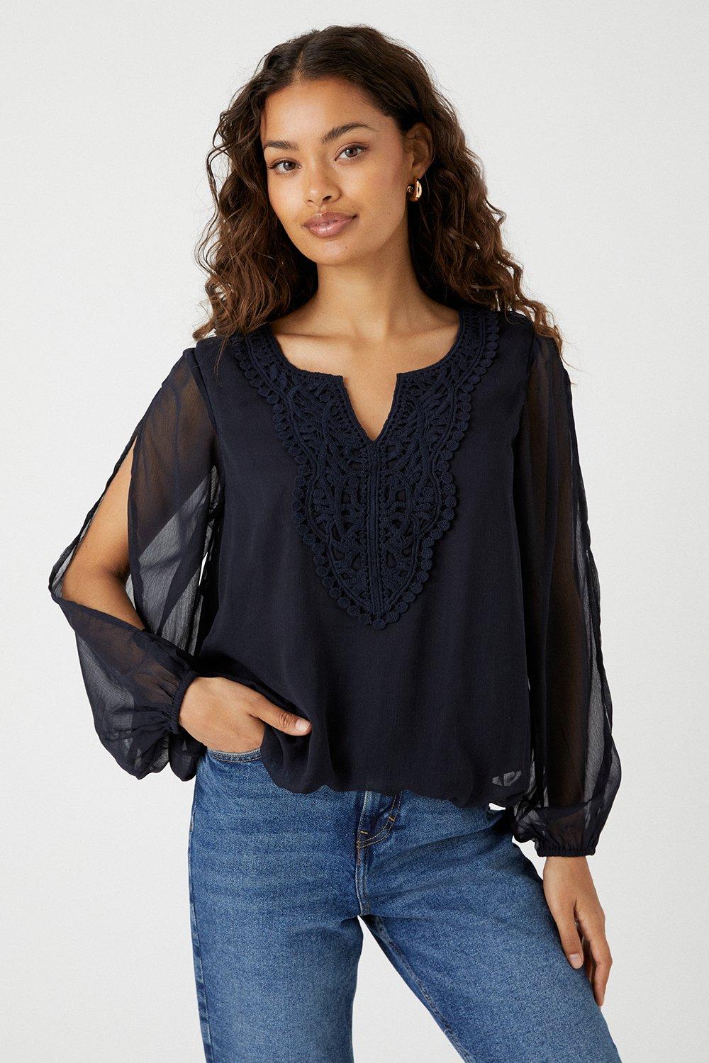 Tops | Petite Navy Crochet Neck Cold Shoulder Top | Wallis