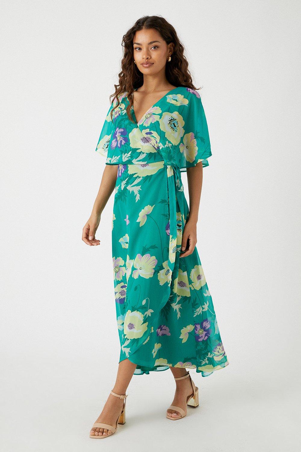 Dresses Petite Green Floral Angel Sleeve Midi Dress Wallis