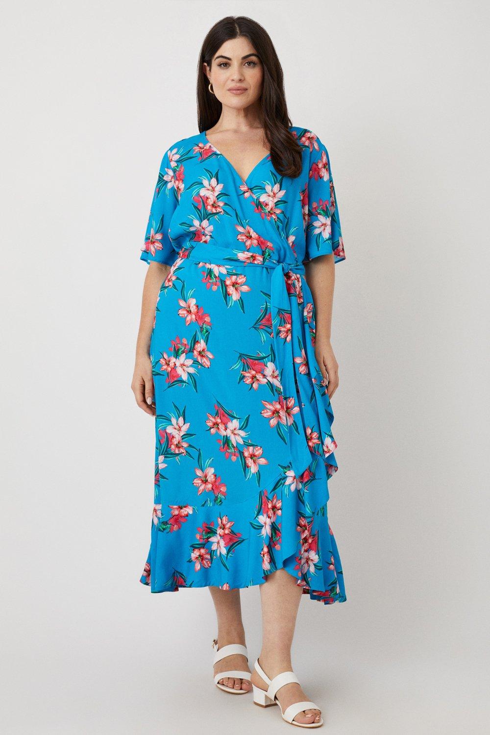Dresses | Curve Blue Tropical Floral Wrap Midi Dress | Wallis