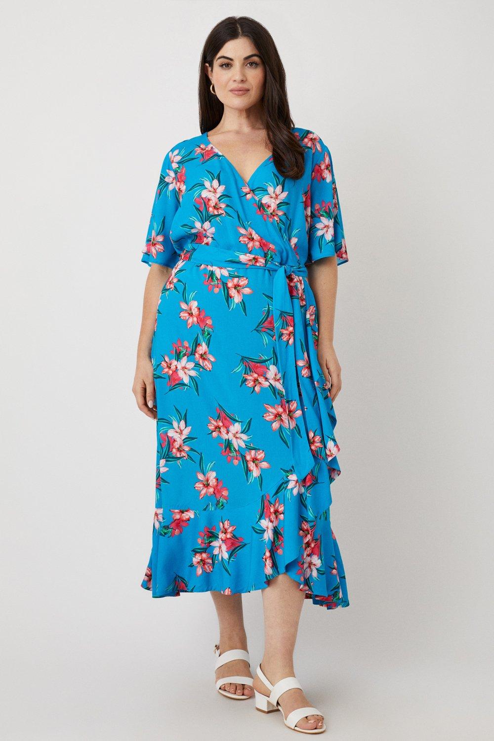 Dresses Curve Blue Tropical Floral Wrap Midi Dress Wallis 8702