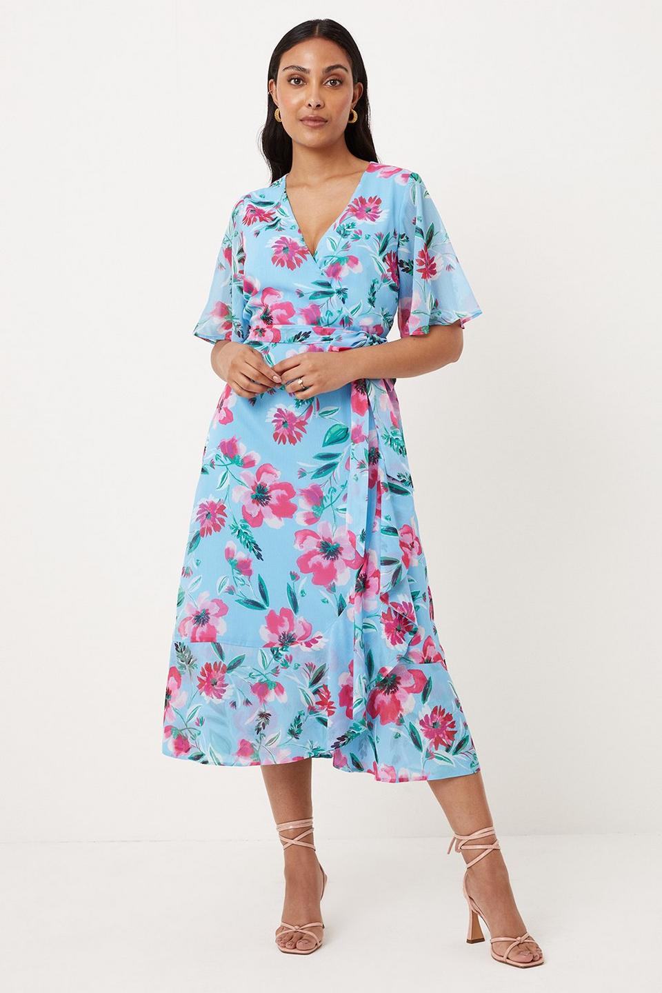 Dresses | Petite Blue Floral Flutter Sleeve Wrap Dress | Wallis