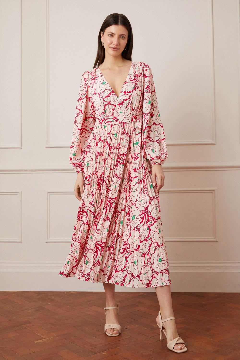 Womens Floral Wrap Pleated Maxi Dress