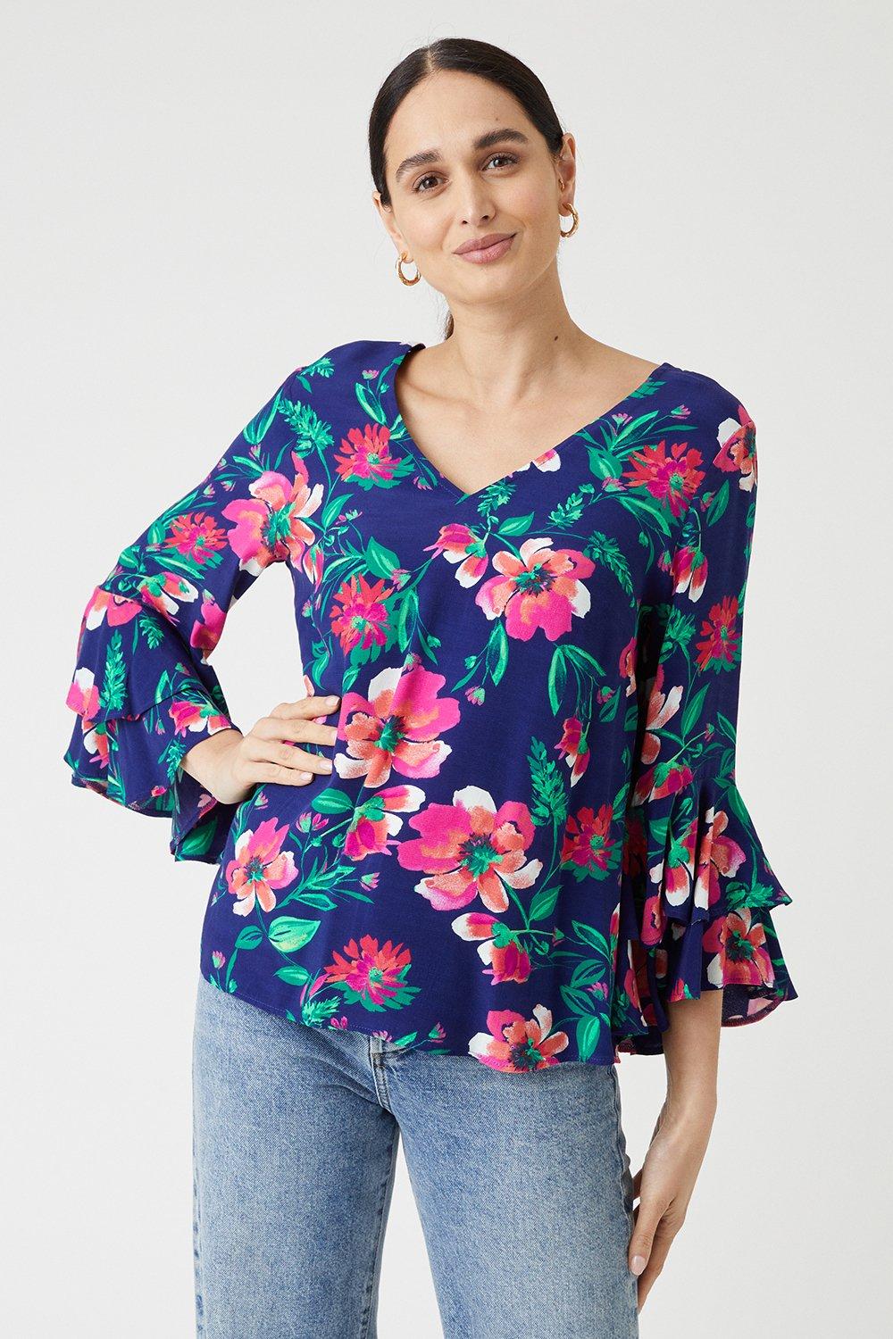 Tops | Floral Viscose Flute Sleeve Top | Wallis