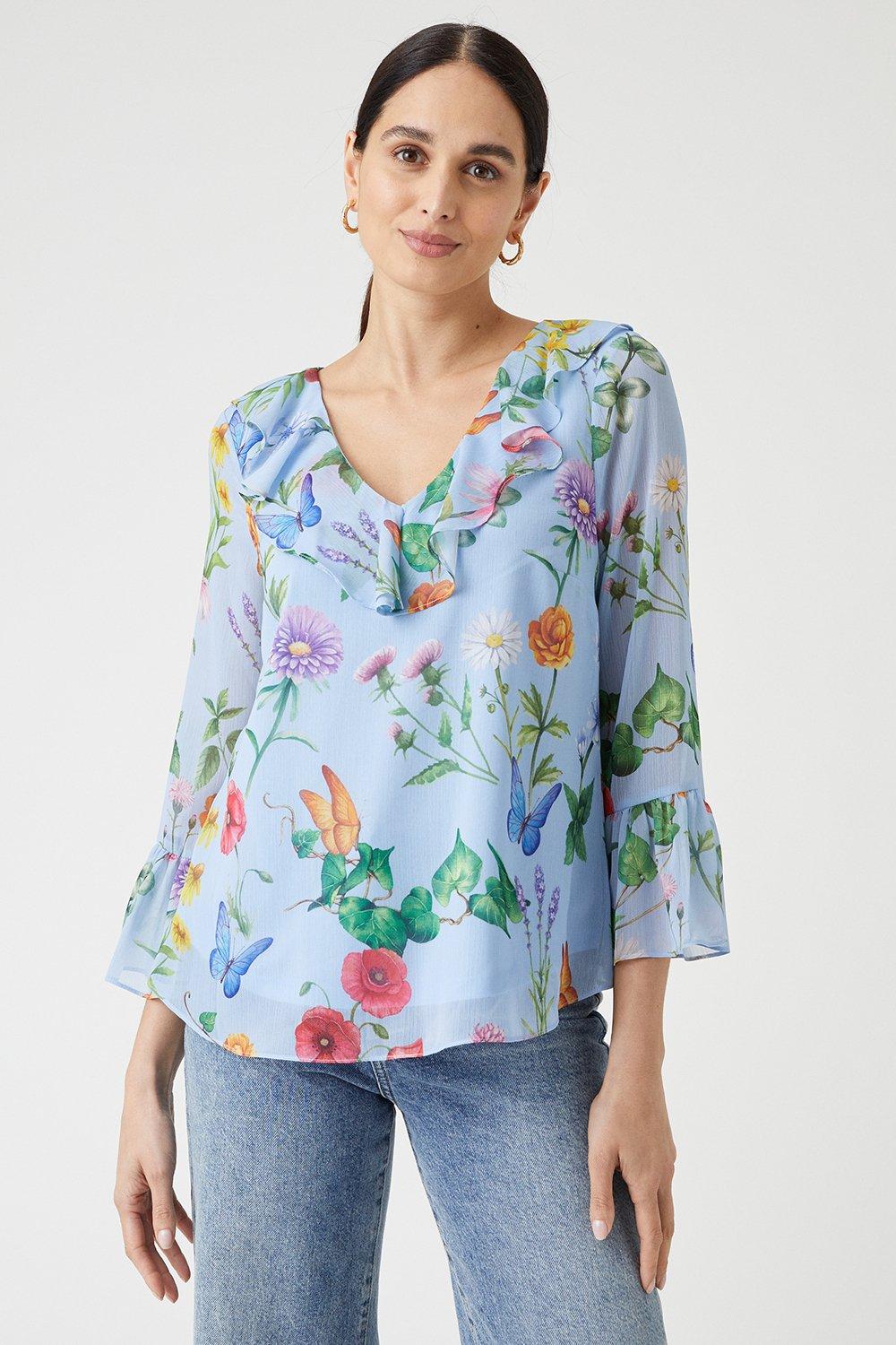 Wallis Blue Floral Ruffle Sleeve Top | Debenhams