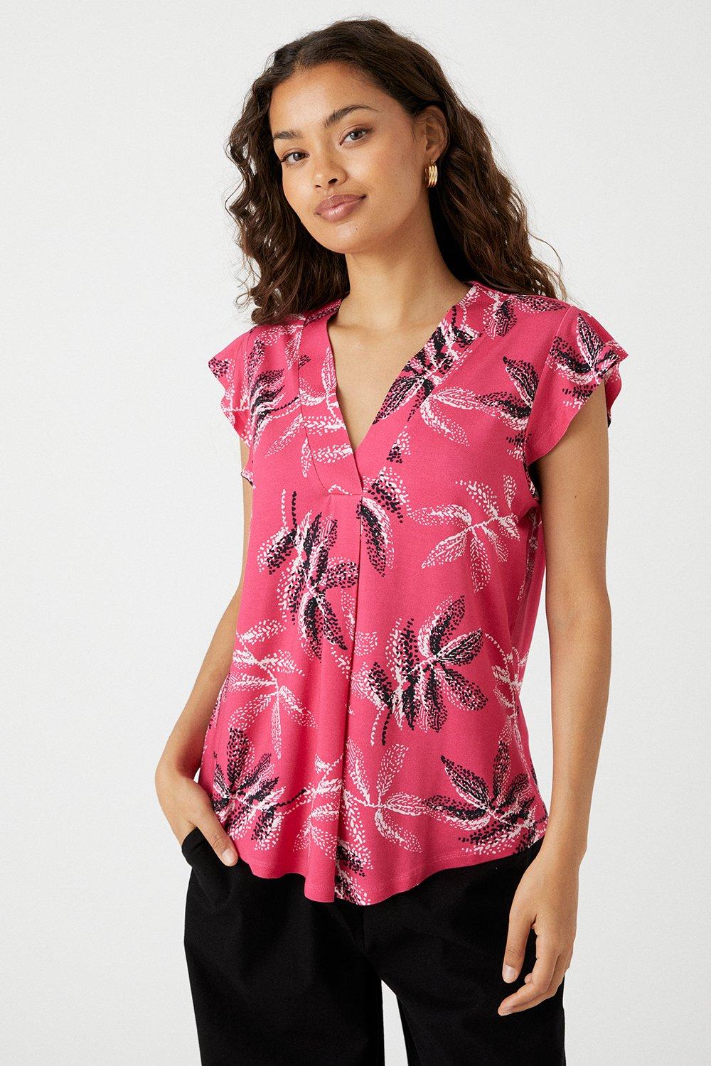 Tops | Petite Pink Leaf Jersey V Neck Top | Wallis