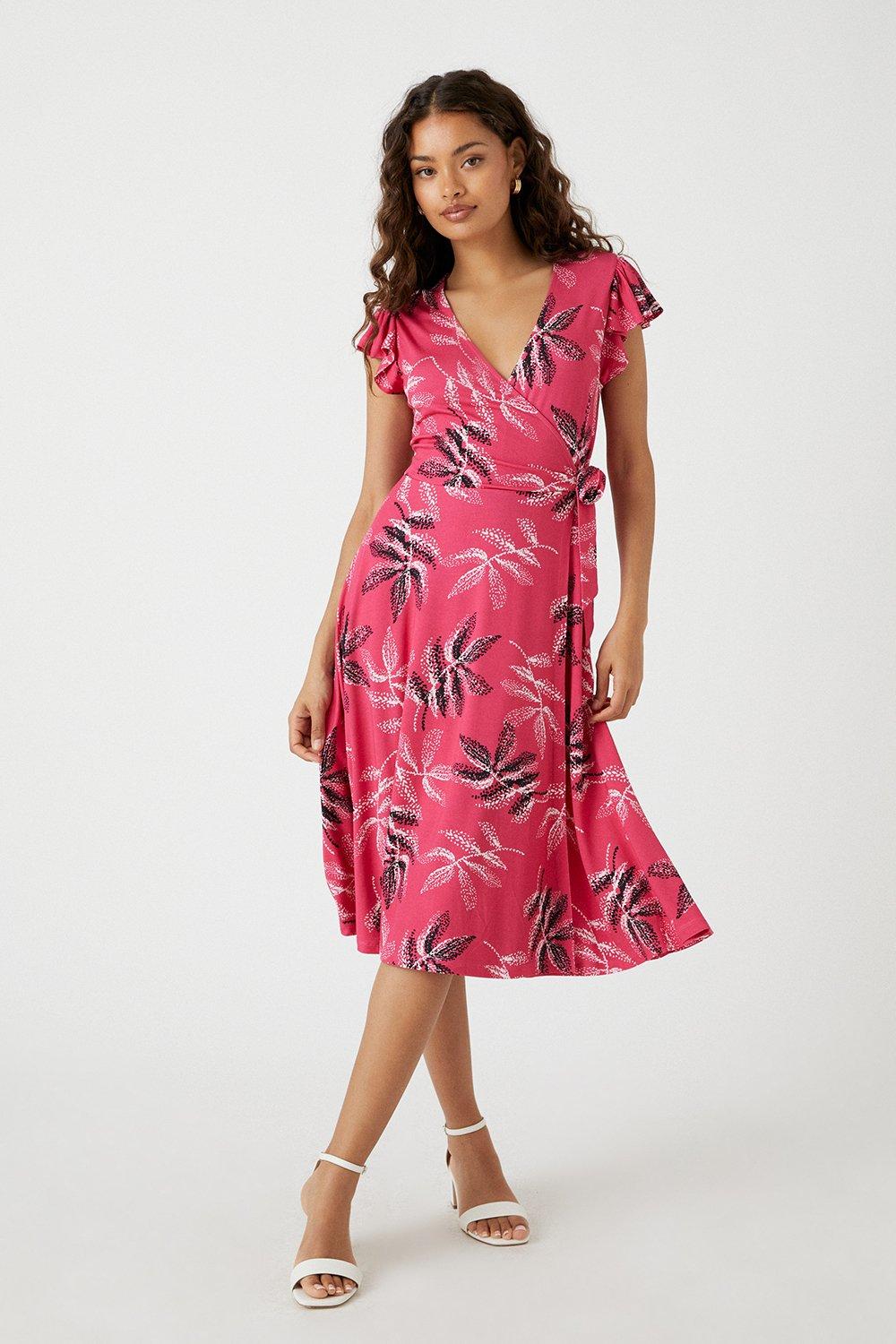 Wallis Petite Pink Leaf Jersey Wrap Dress | Debenhams