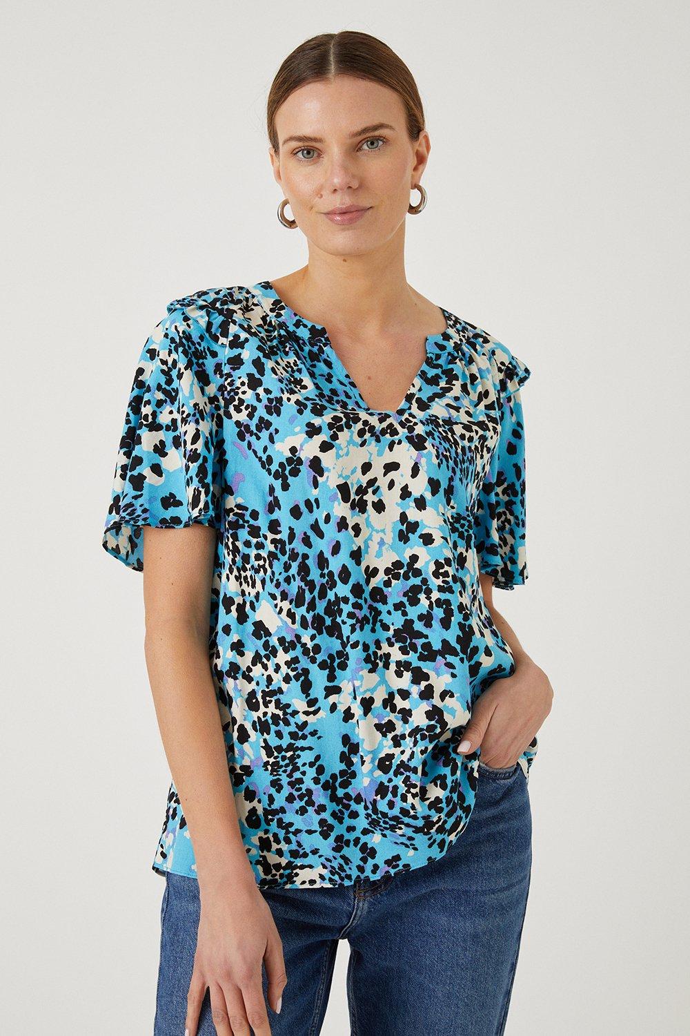 Tops | Blue Animal Ruffle Detail Blouse | Wallis