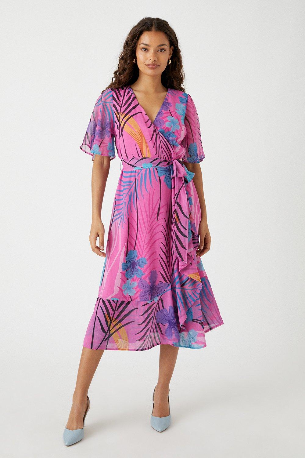 Dresses | Petite Pink Floral Midi Wrap Dress | Wallis