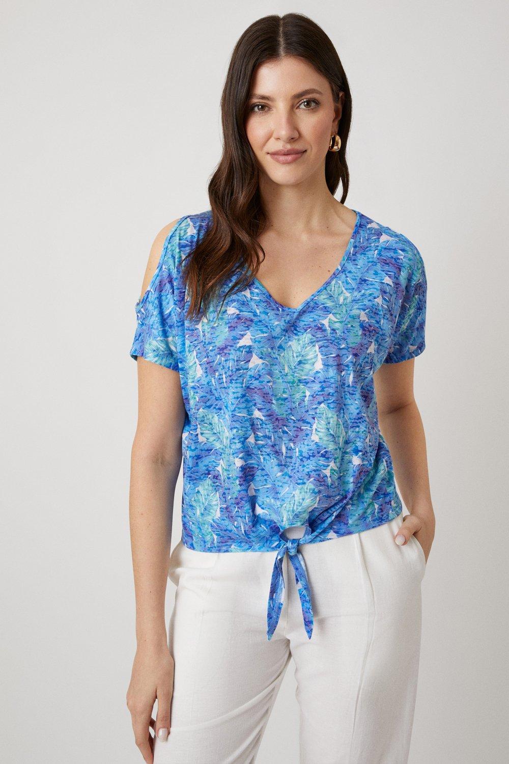 Tops | Blue Palm Cold Shoulder Jersey Top | Wallis