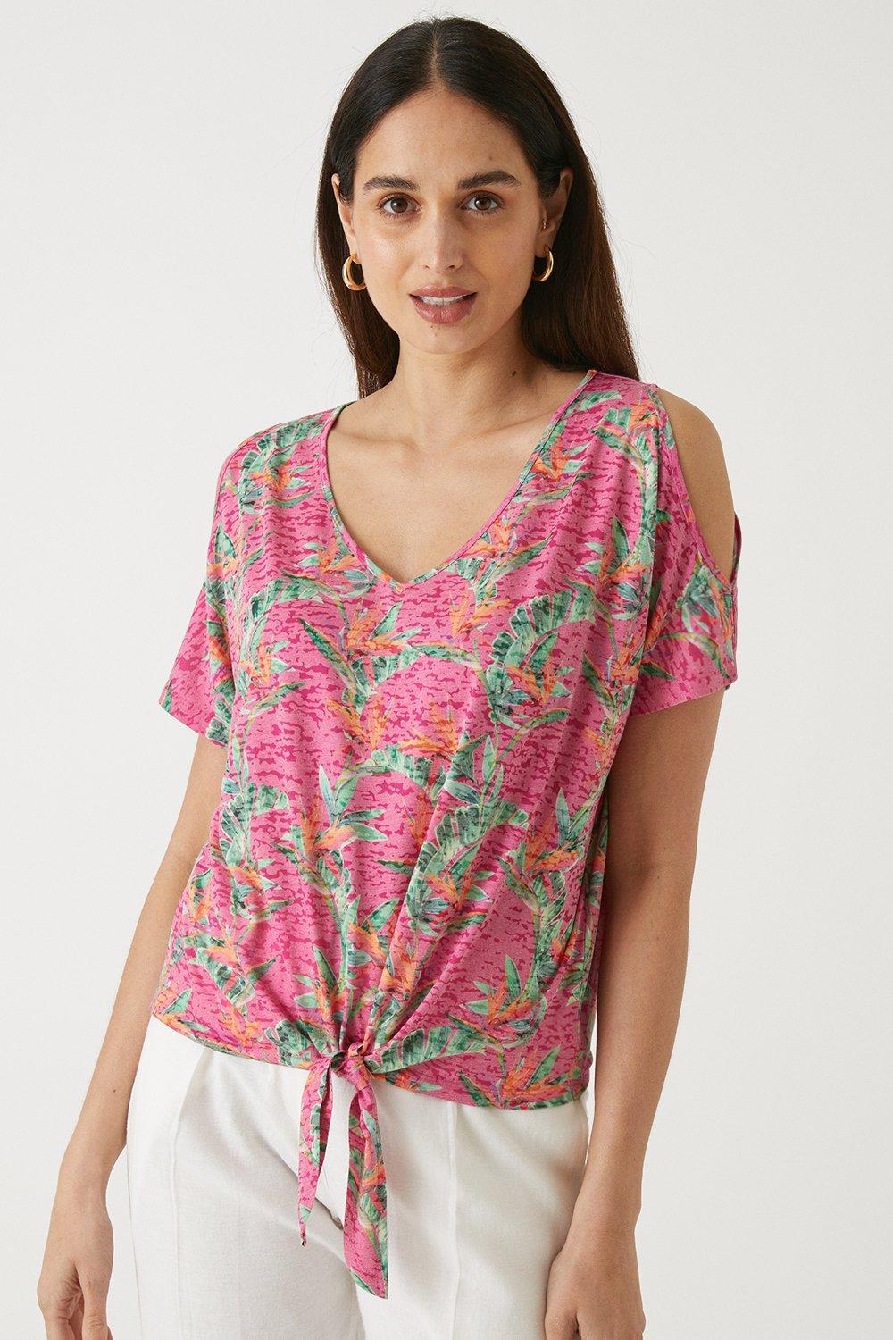 Tops | Pink Tropical Cold Shoulder Jersey Top | Wallis