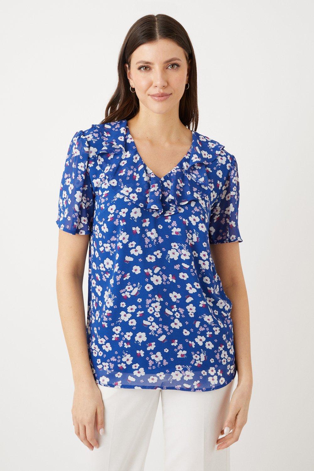 Tops | Blue Floral Short Sleeve Woven Frill Top | Wallis