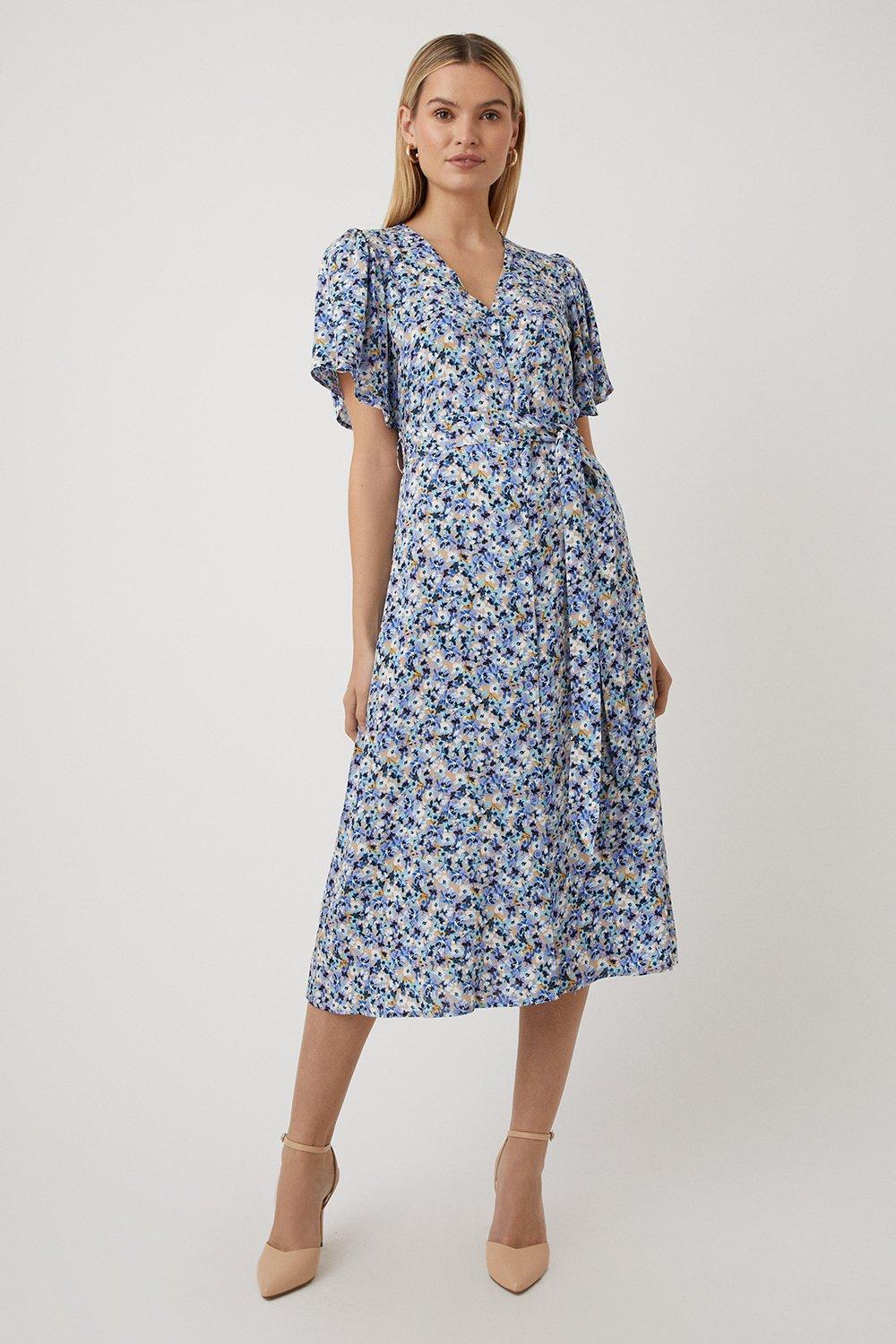 Dresses | Navy Ditsy Floral Button Through Midi Dress | Wallis