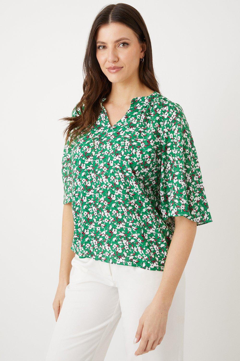 Tops | Green Ditsy Floral Flute Sleeve Top | Wallis