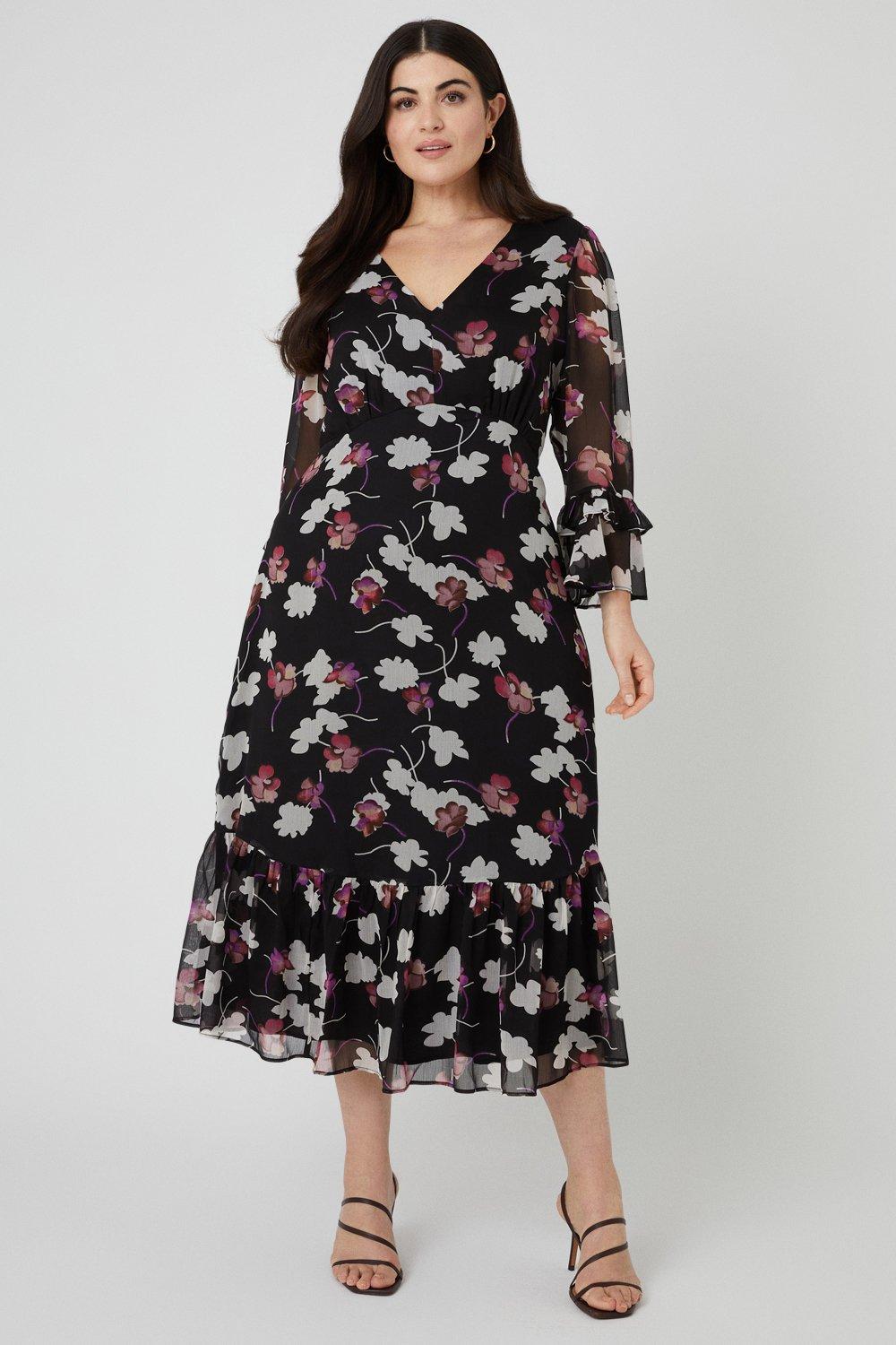 Dresses | Curve Black Floral Chiffon Tea Midi Dress | Wallis