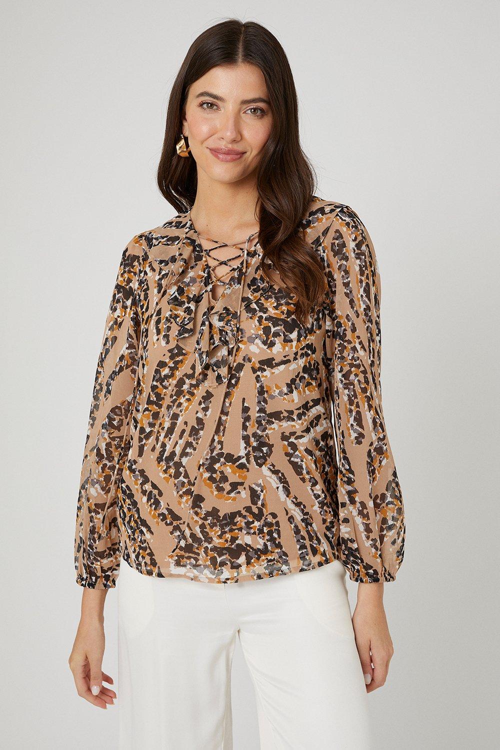 Tops | Animal Print Ruffle Tie Neck Blouse | Wallis