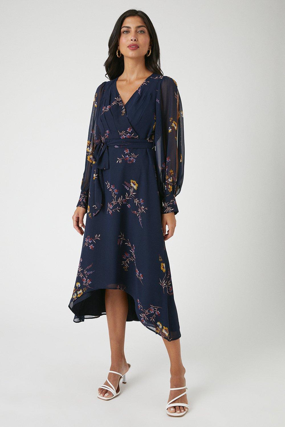 Dresses | Navy Floral High Low Hem Split Sleeve Wrap Dress | Wallis