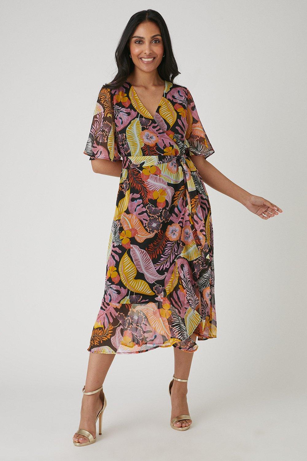 Wallis Petite Abstract Palm Flutter Sleeve Wrap Dress | Debenhams