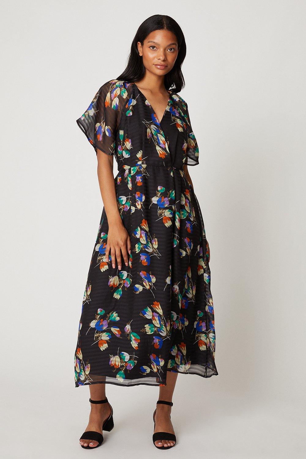 Womens Petite Black Floral Wrap Woven Midi Dress