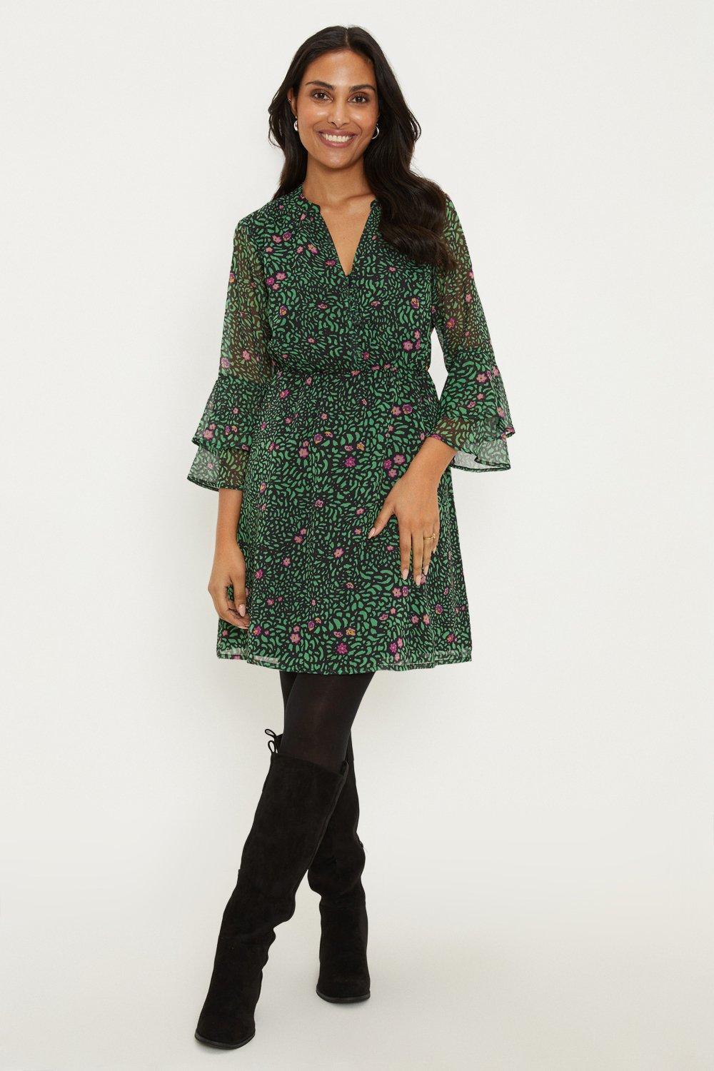Womens Petite Green Floral Belted Shift Dress
