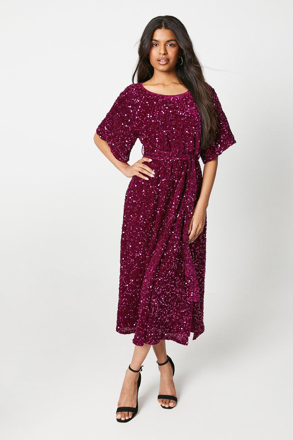 Womens Petite Sequin Puff Sleeve Belted Midi Dress