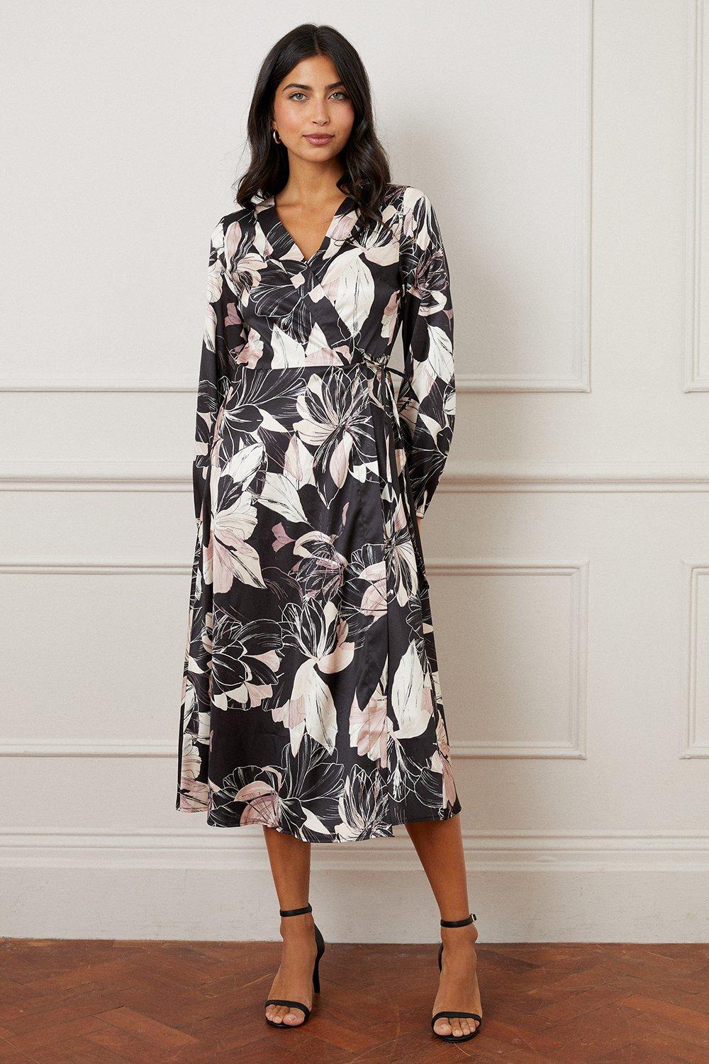 Dresses | Floral Satin Wrap Midi Dress | Wallis