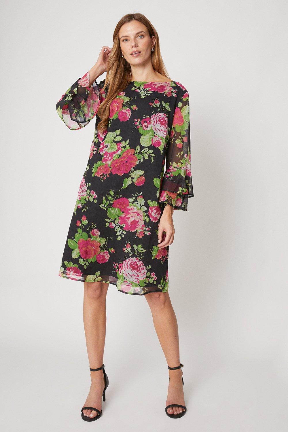 Wallis Tall Pink Floral Flute Sleeve Shift Dress | Debenhams
