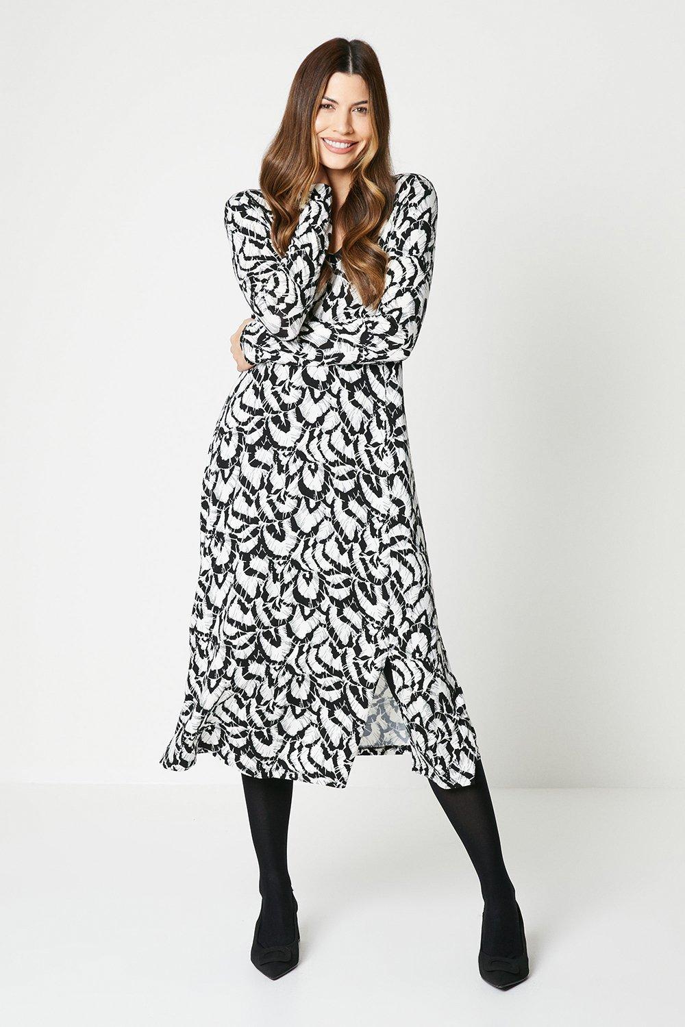 Womens Mono Print Long Sleeve Midi Dress