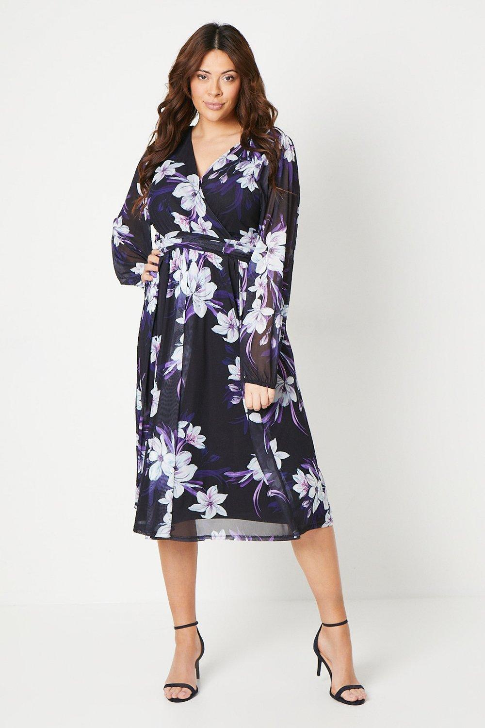 Womens Curve Printed Mesh Fit And Flare Midi Dress