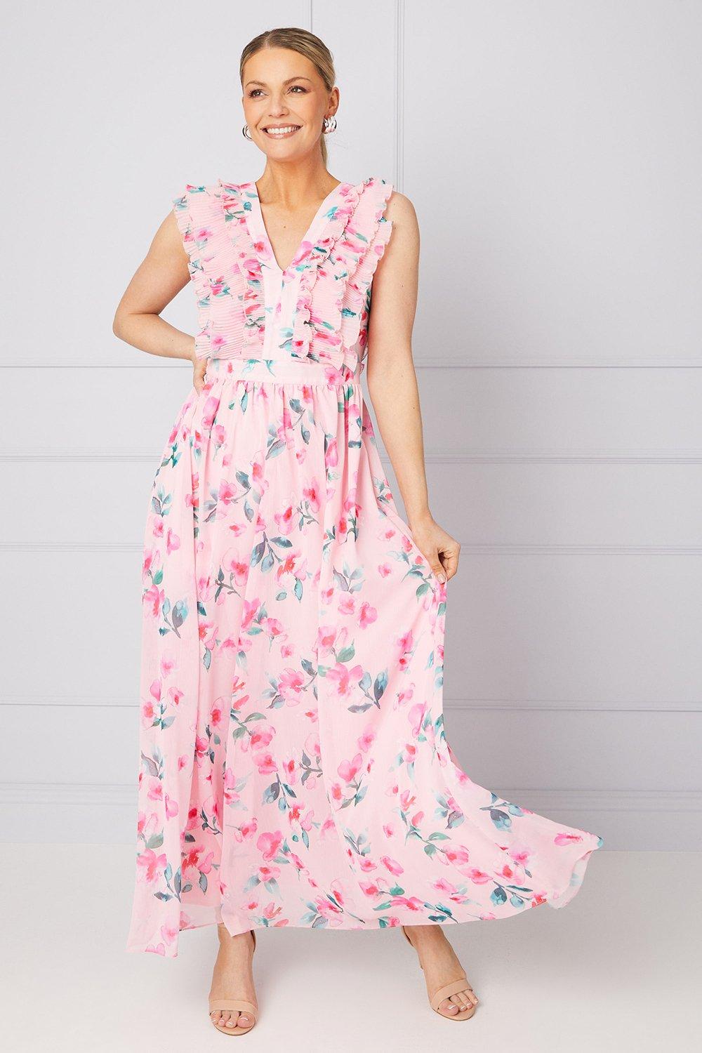 Womens Watercolour Floral Pleated Ruffle Maxi Dress