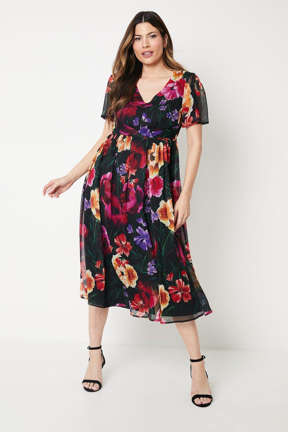 Womens Occasion Floral Pleated Waist Midi Dress
