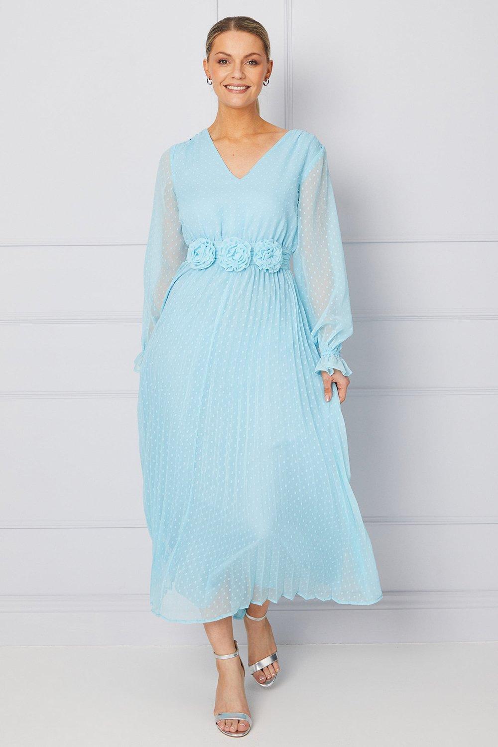 Womens Woven Corsage Detail Pleated Midaxi Dress