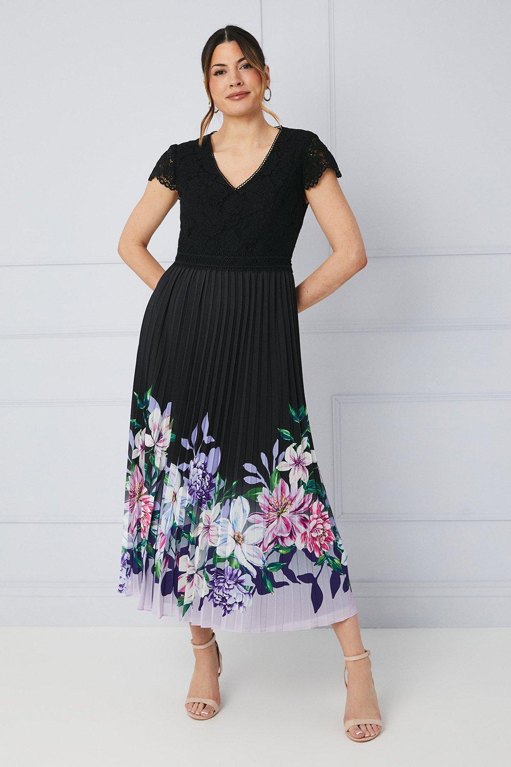 Womens Premium Lace Insert Pleated Midaxi Dress
