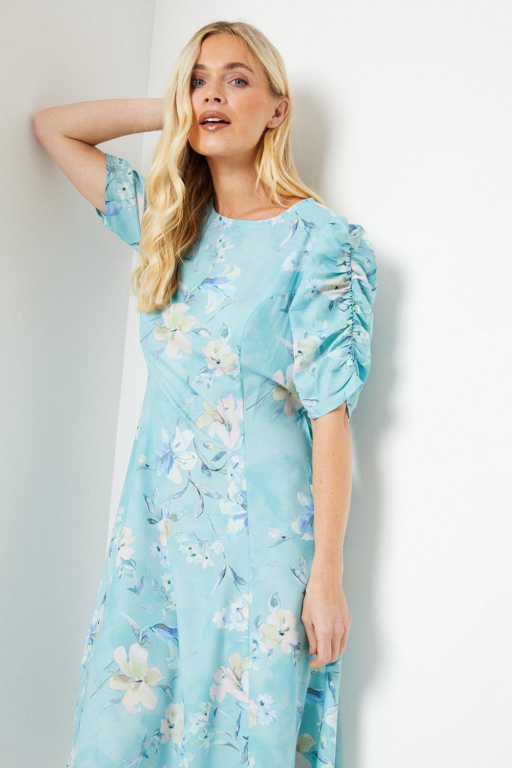 Womens Petite Floral Print Ruched Sleeve Midi Dress
