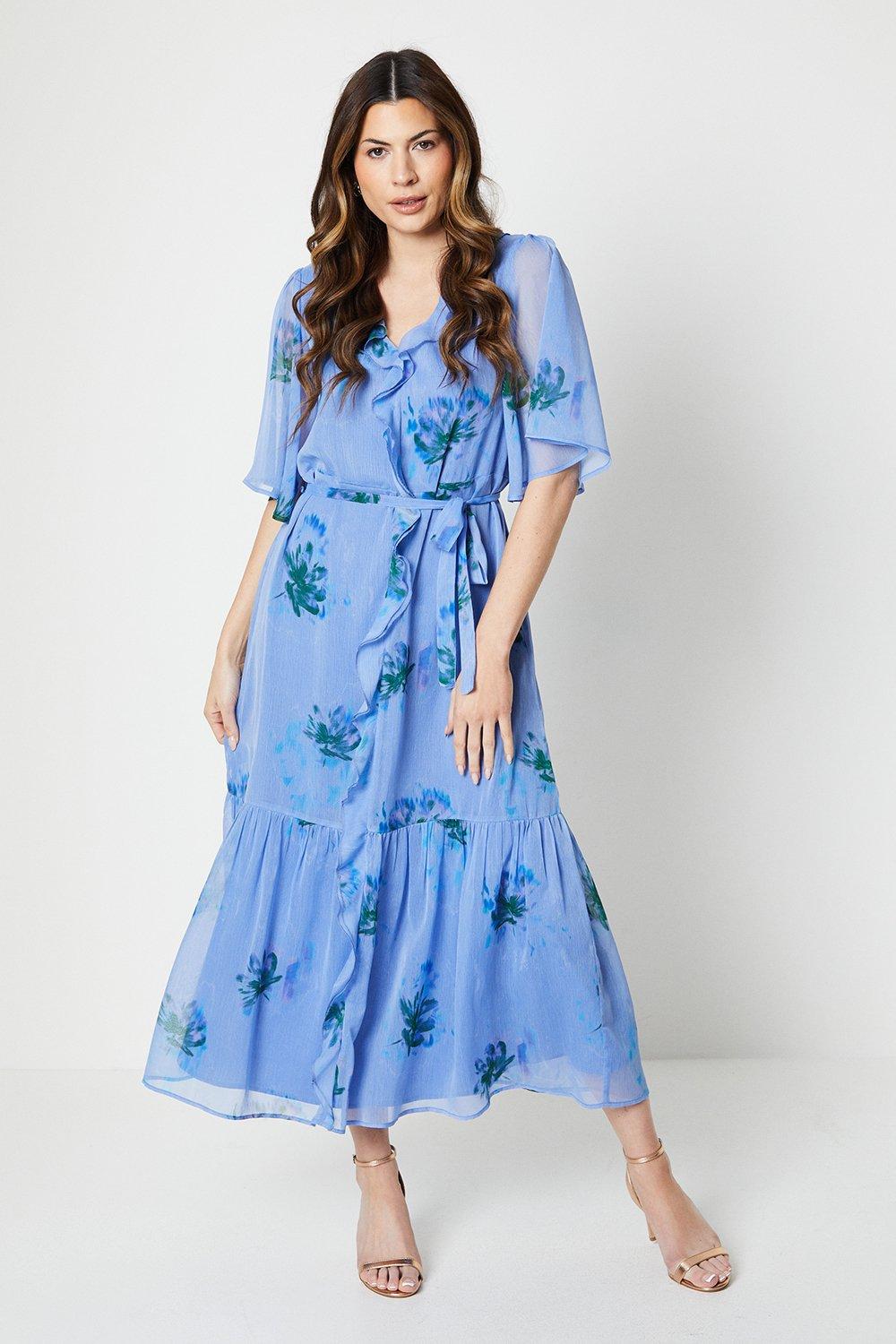 Womens Floral Print Chiffon Ruffle Maxi Dress