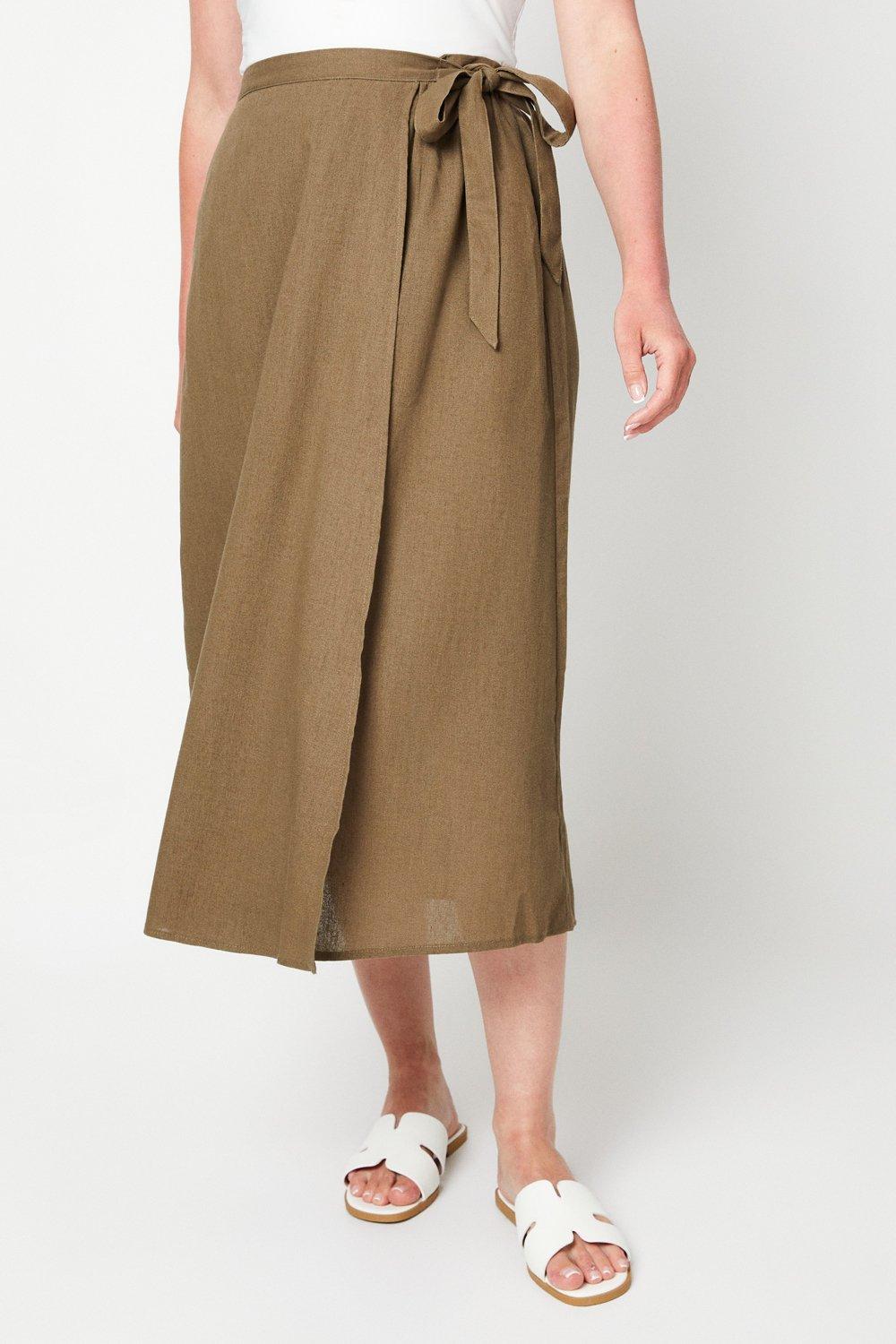 Womens Linen Belted Midi Skirt