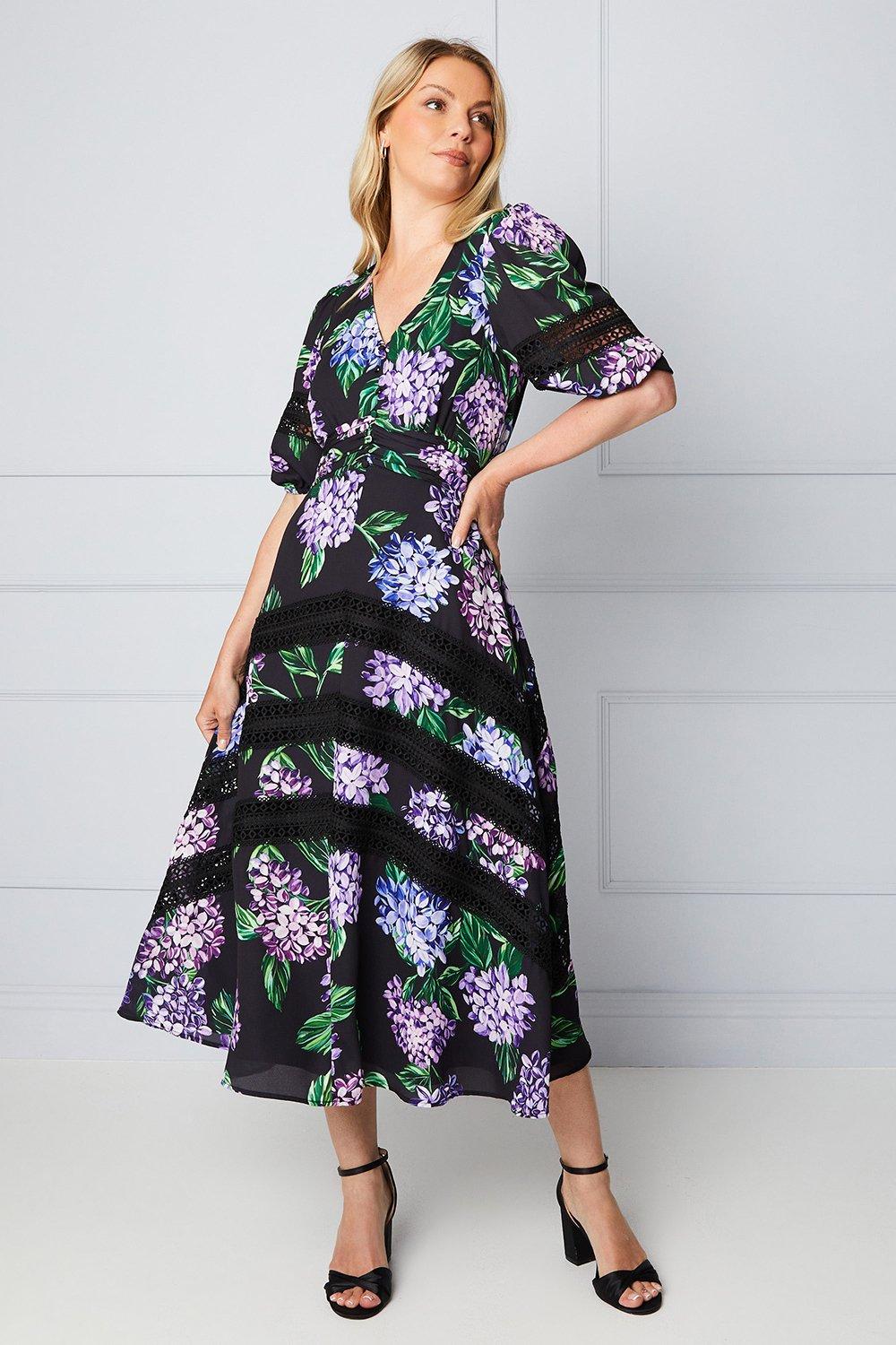 Womens Floral Lace Insert Button Midi Dress