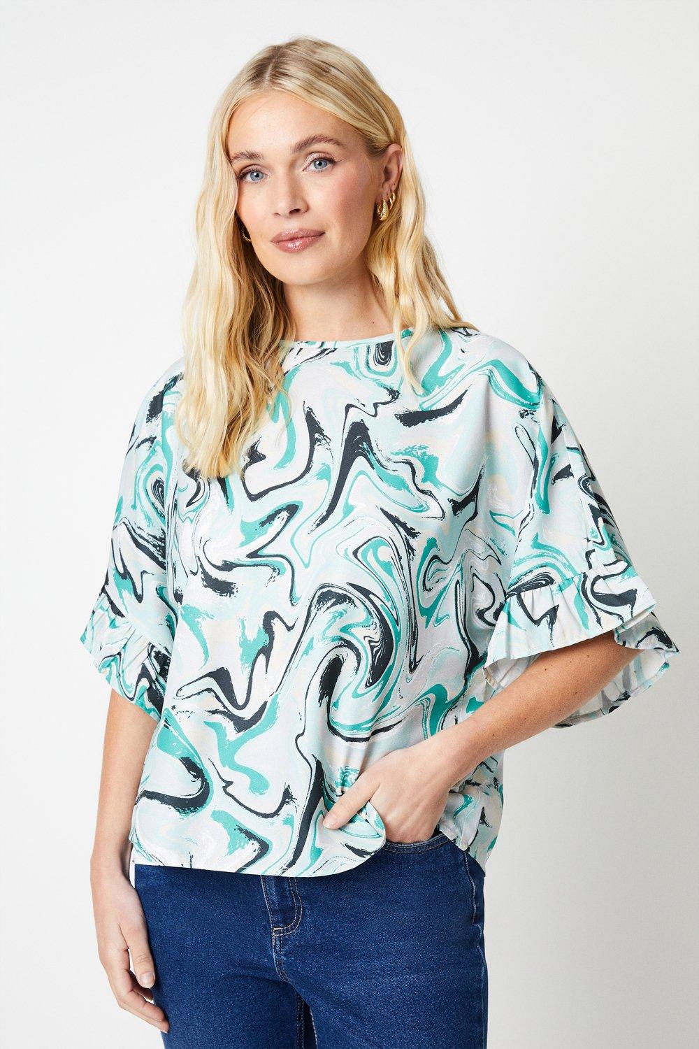 Womens Petite Marble Print Oversized Frill Cuff Top