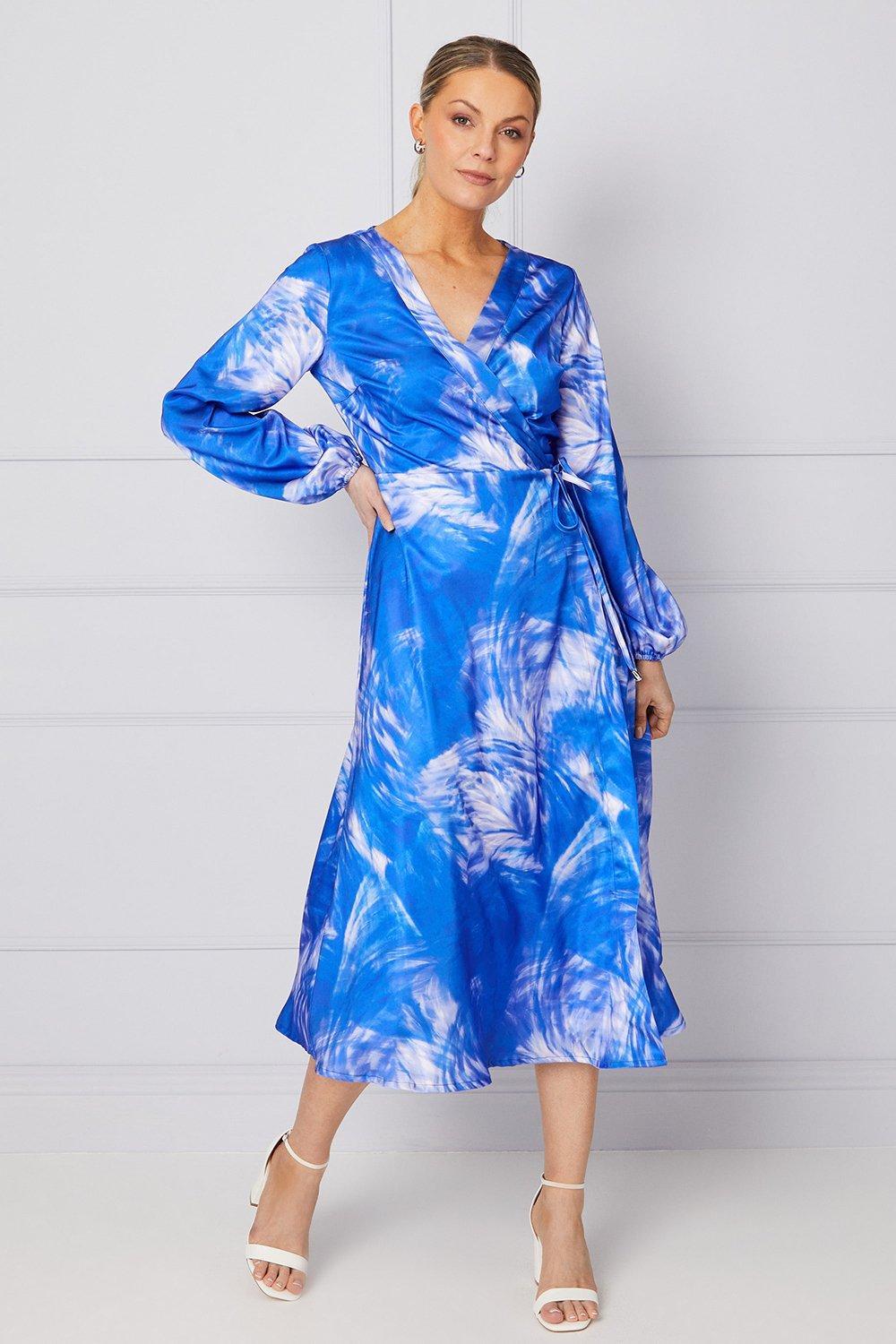 Womens Occasion Feather Print Satin Wrap Midi Dress