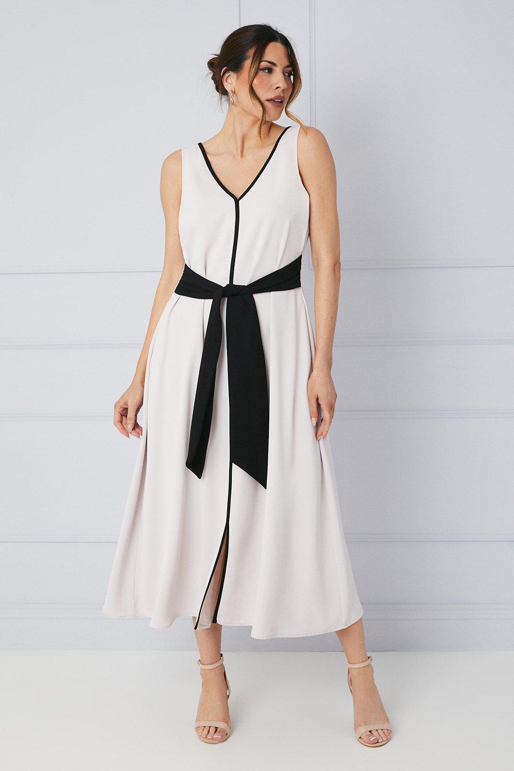 Womens Occasion Contrast Sleeveless Belted Midi Dress