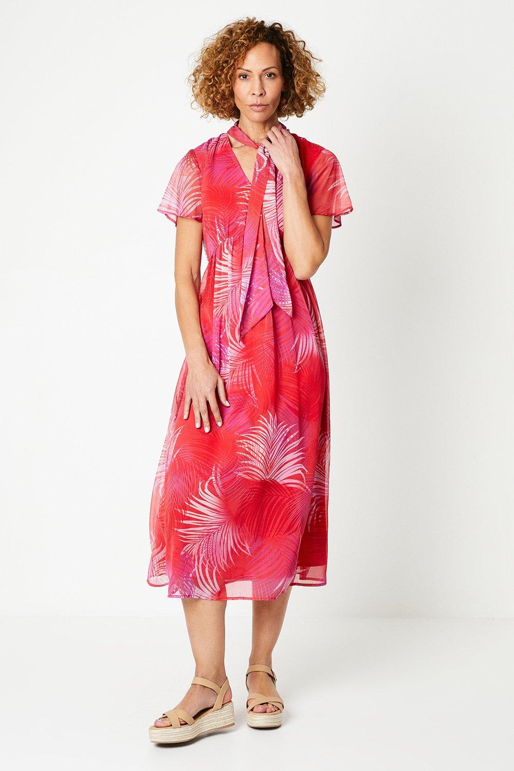 Womens Tall Palm Print Flutter Sleeve Tie Neck Midi Dress