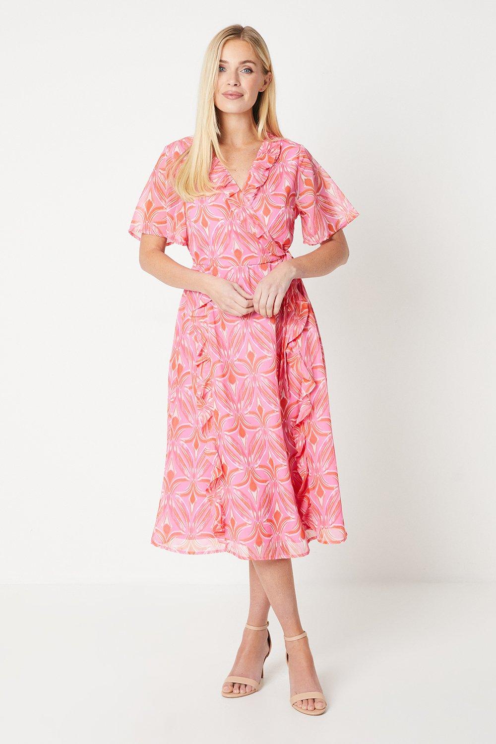 Womens Petite Abstract Print Flutter Sleeve Ruffle Midi Dress