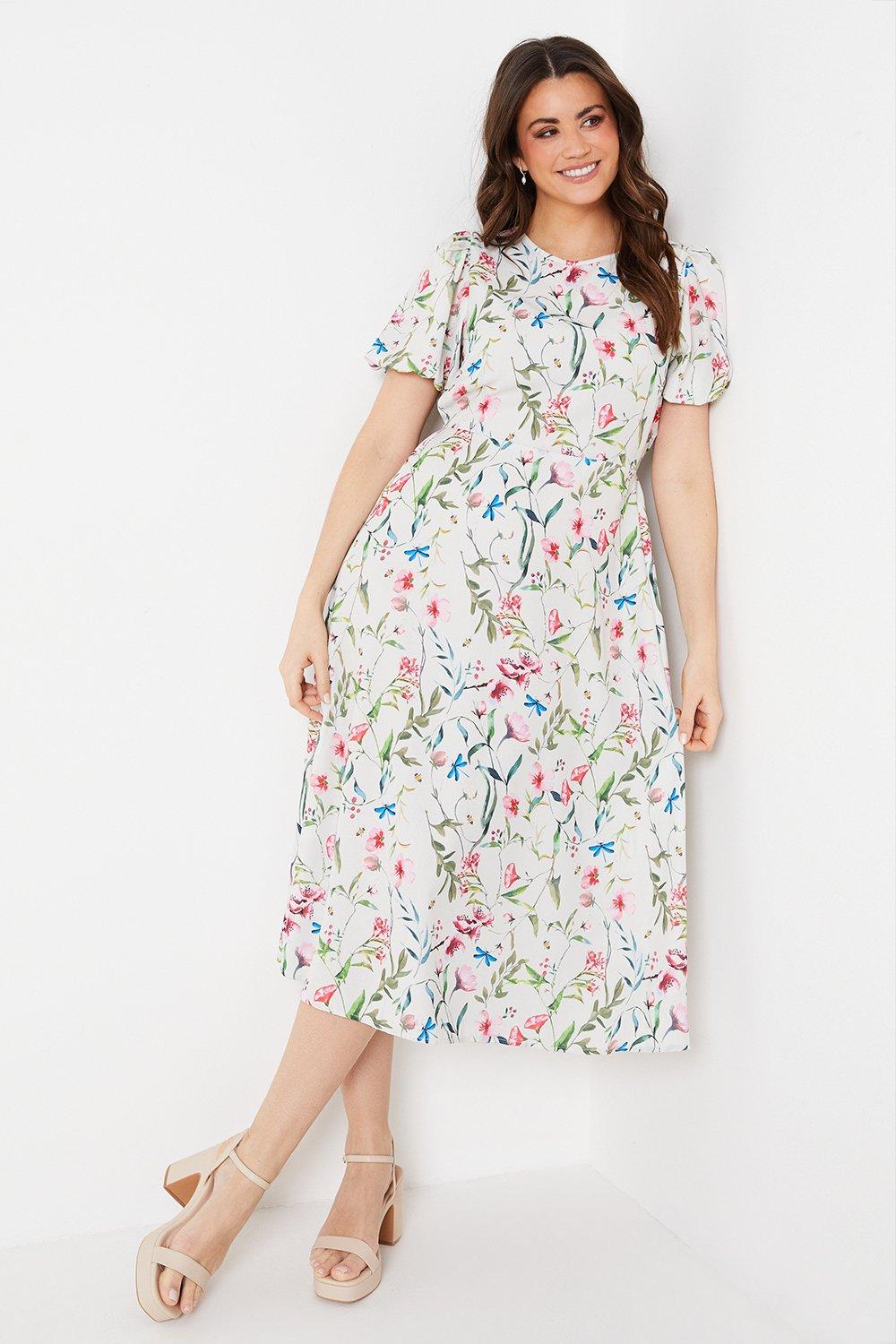 Womens Floral Print Short Sleeve Midi Tea Dress