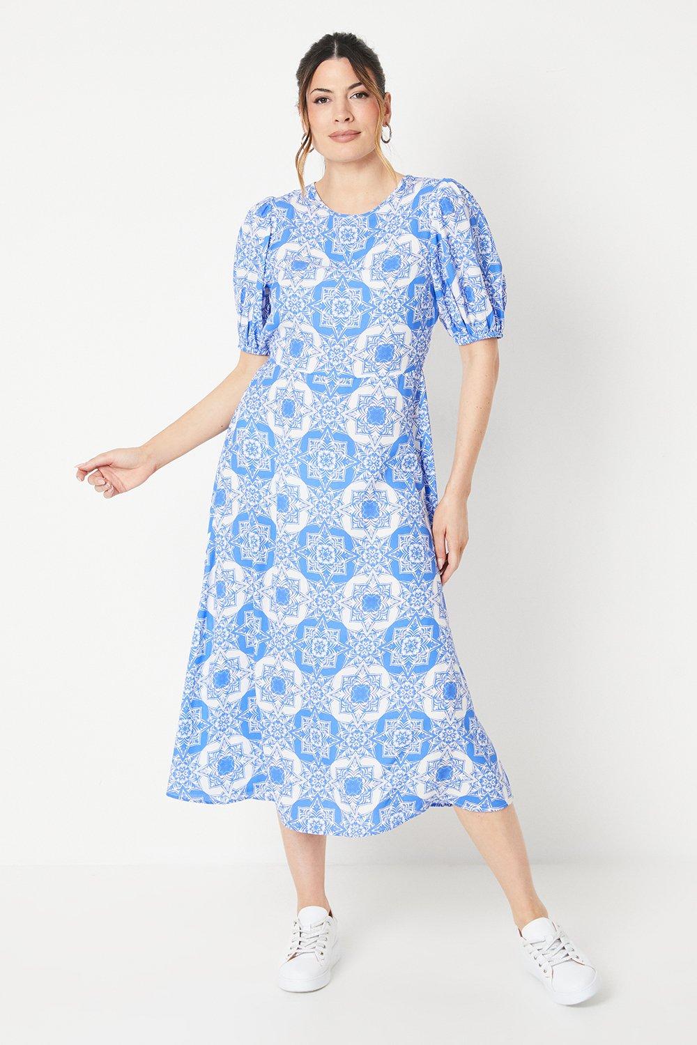 Womens Tile Print Short Sleeve Midi Tea Dress