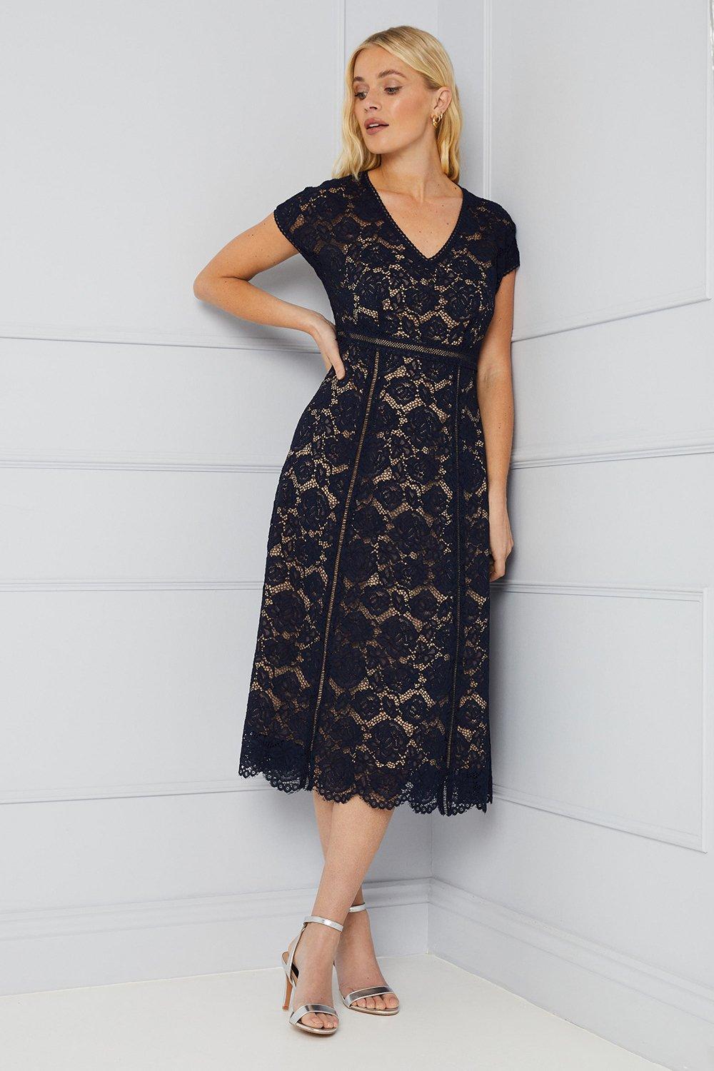 Womens Petite Premium Lace Fit & Flare Midi Dress