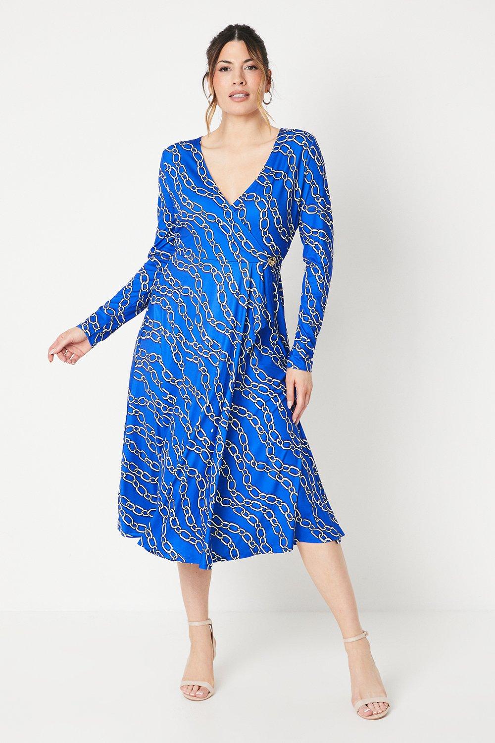 Womens Printed Jersey Trim Detail Ruffle Wrap Midi Dress