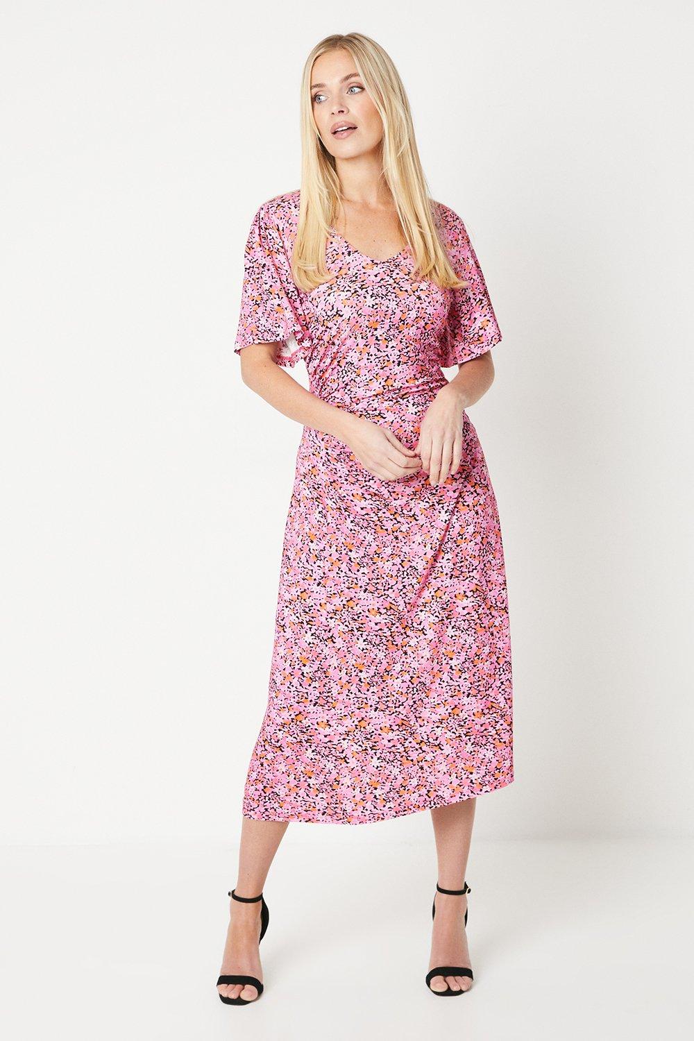 Womens Petite Floral Print Jersey Ruched Seam Midi Tea Dress